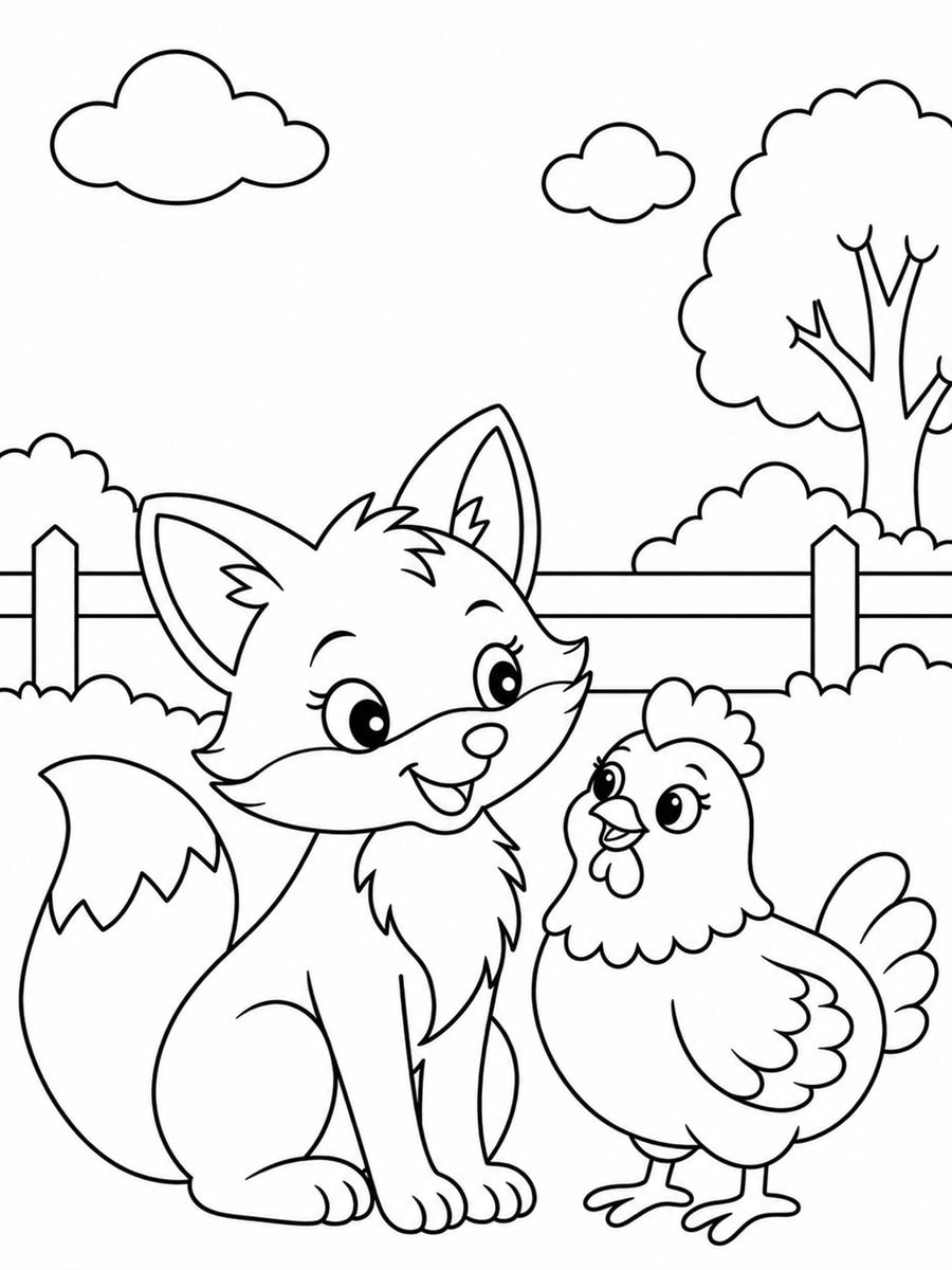 Coloriage renard et poule