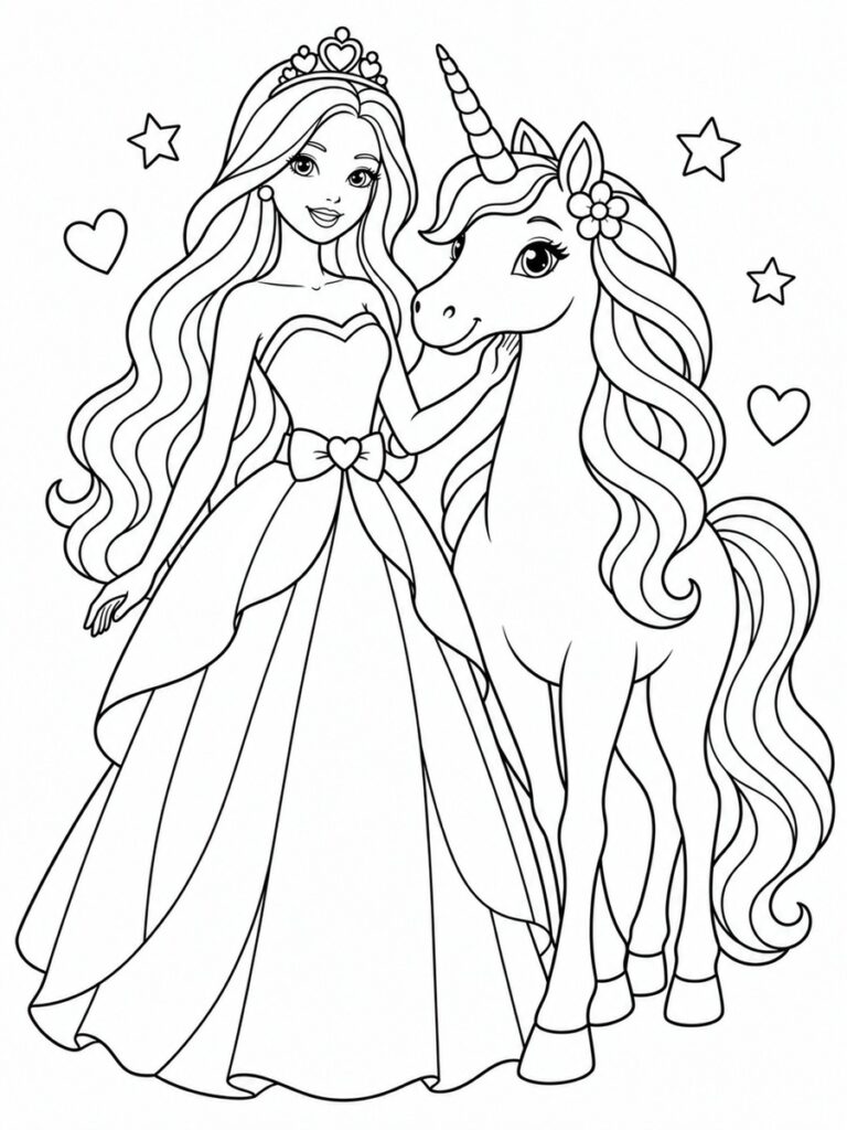 Barbie et licorne Coloriage Barbie et licorne