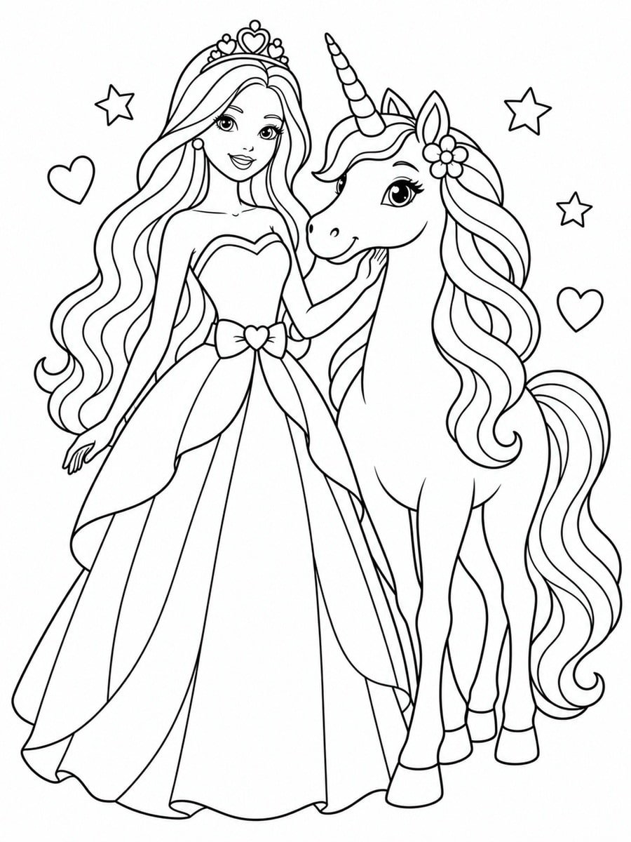 Coloriage Barbie et licorne