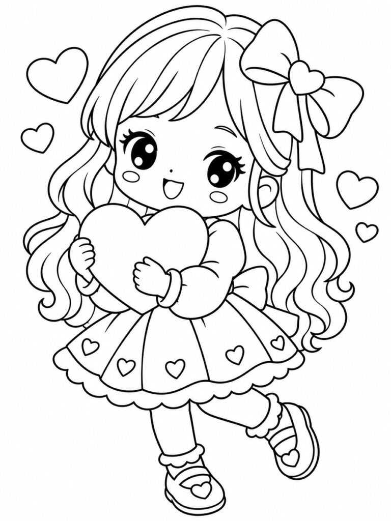 Fille kawaii cœur Coloriage fille kawaii coeur