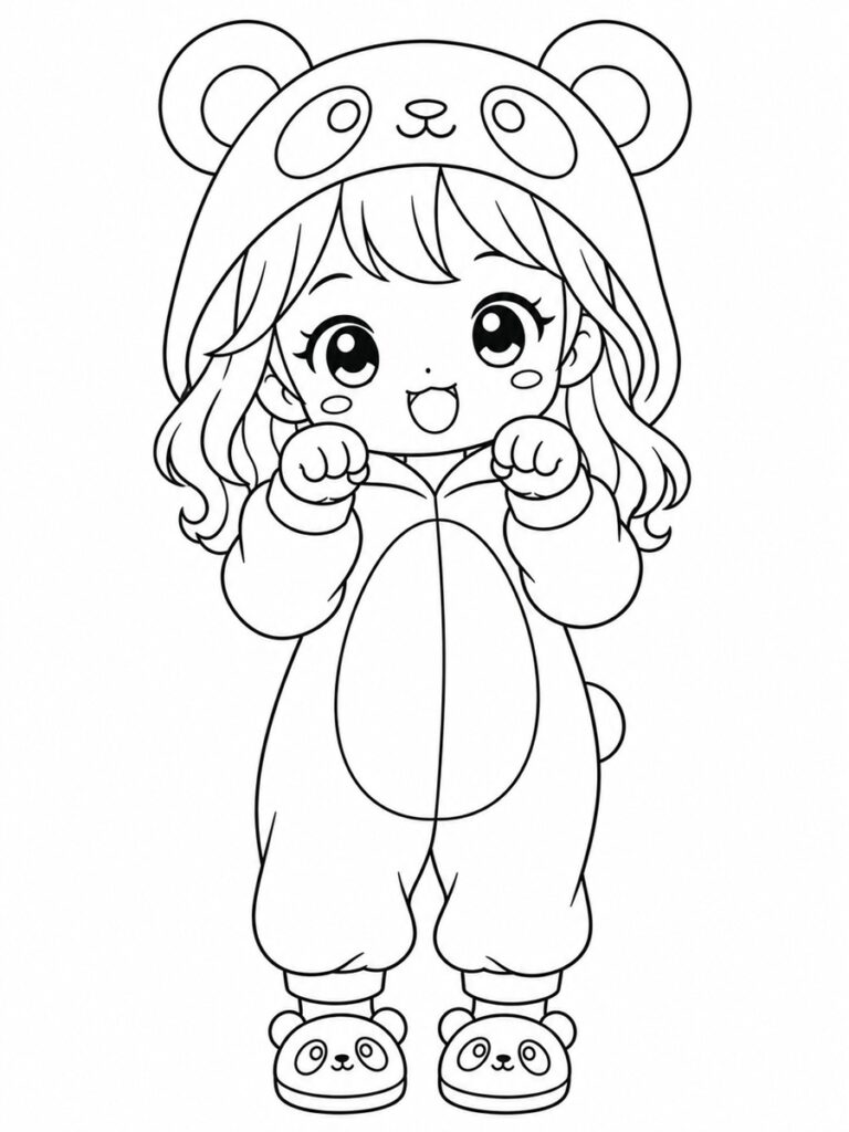 Fille kawaii panda Coloriage fille kawaii panda