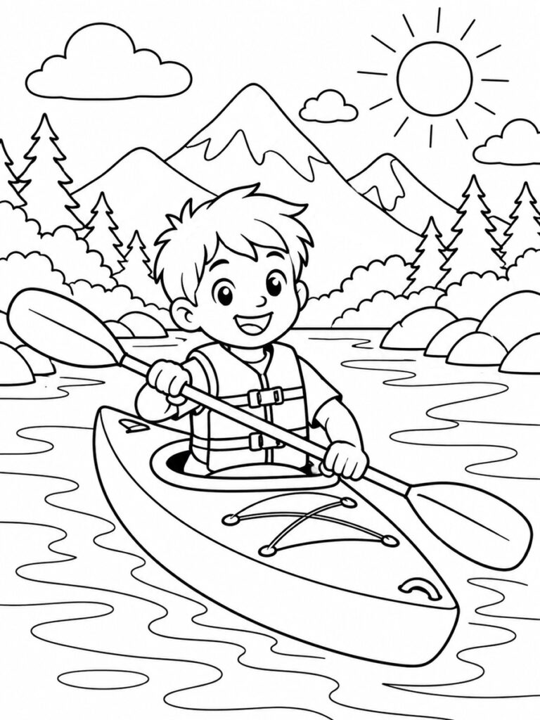 Coloriage garçon kayak