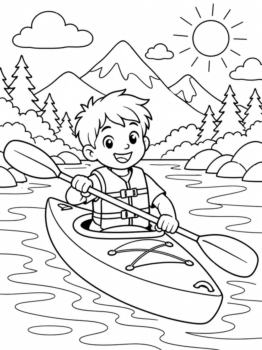 Coloriage garçon kayak