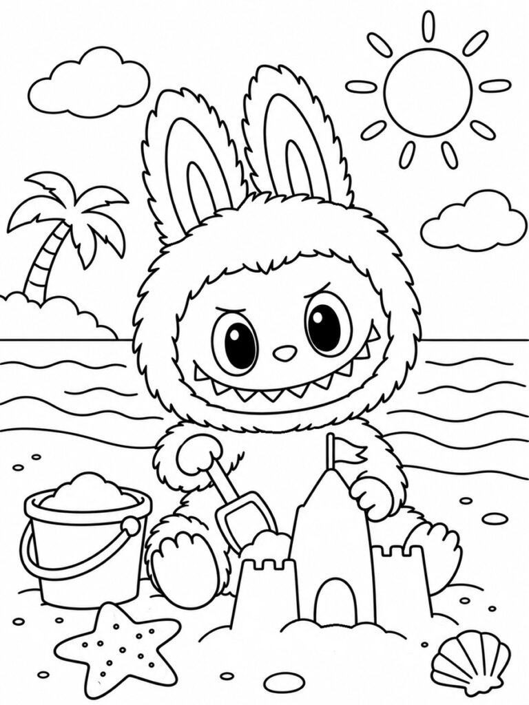 Labubu à la plage Coloriage Labubu plage