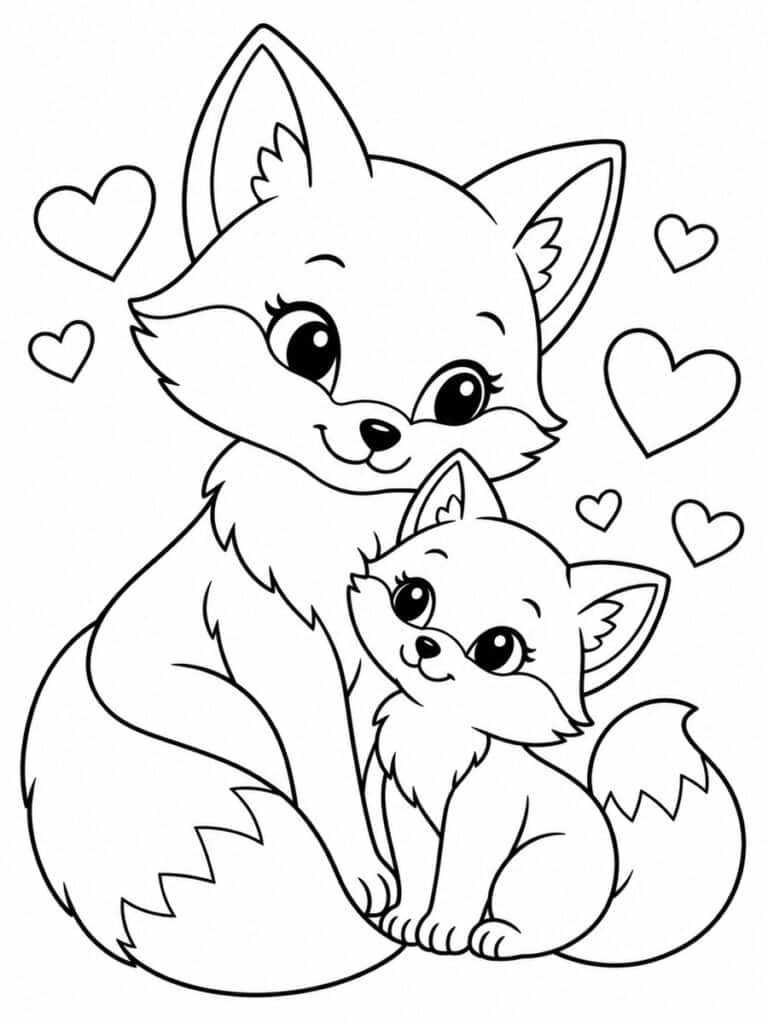 Coloriage maman et bébé renard